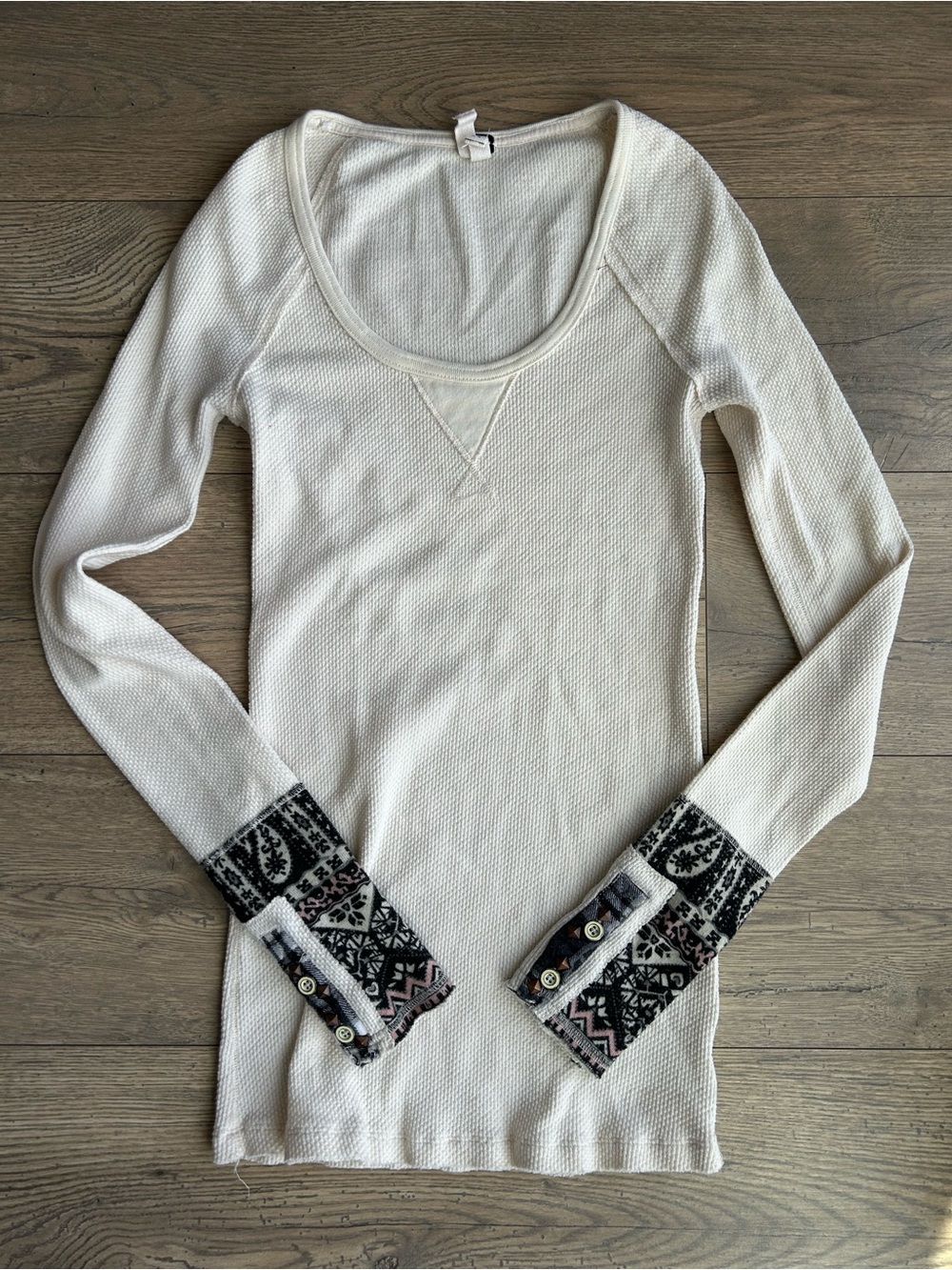 We the Free Cream Long-Sleeve Thermal Top with Patterned Cuffs